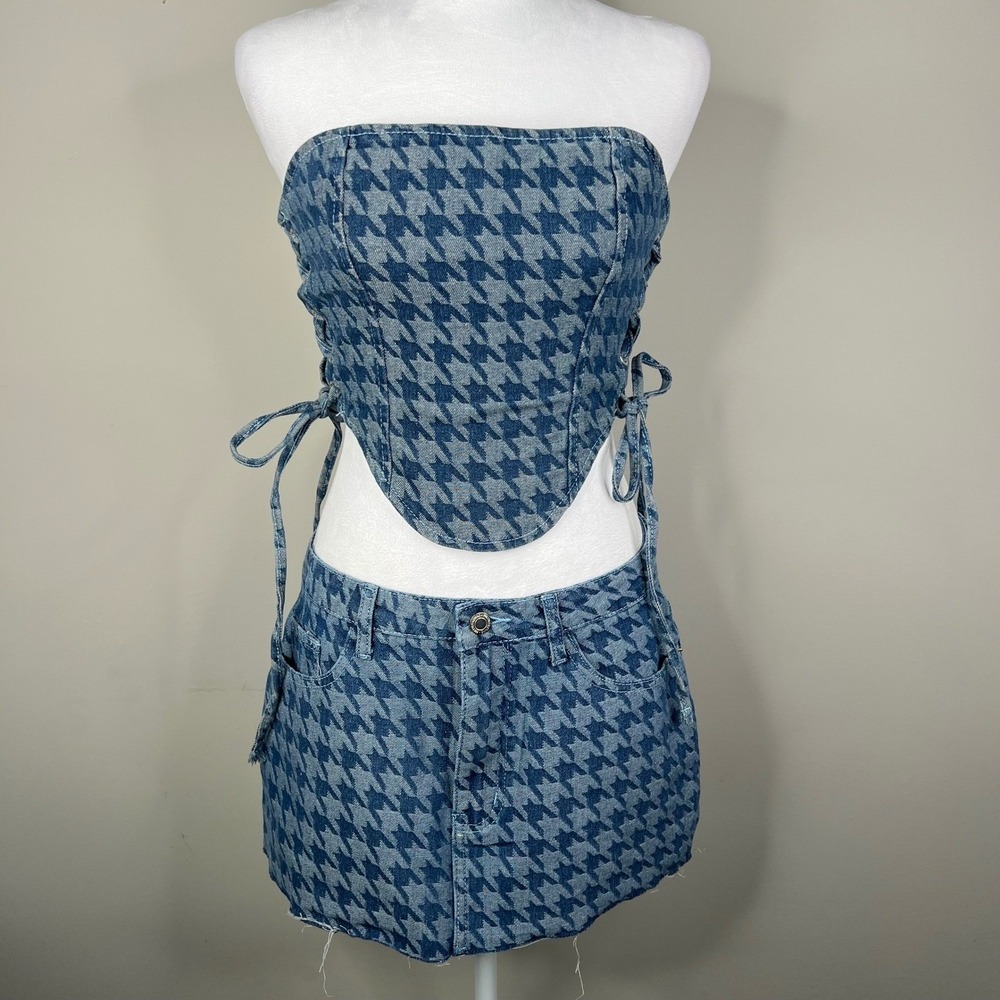 Y2K Denim Corset Micro Mini Skirt and Lace Up‎ Corset Set